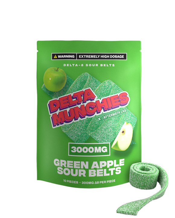 Delta Munchies - Delta 8 Edible - Green Apple Sour Belts - 3000mg